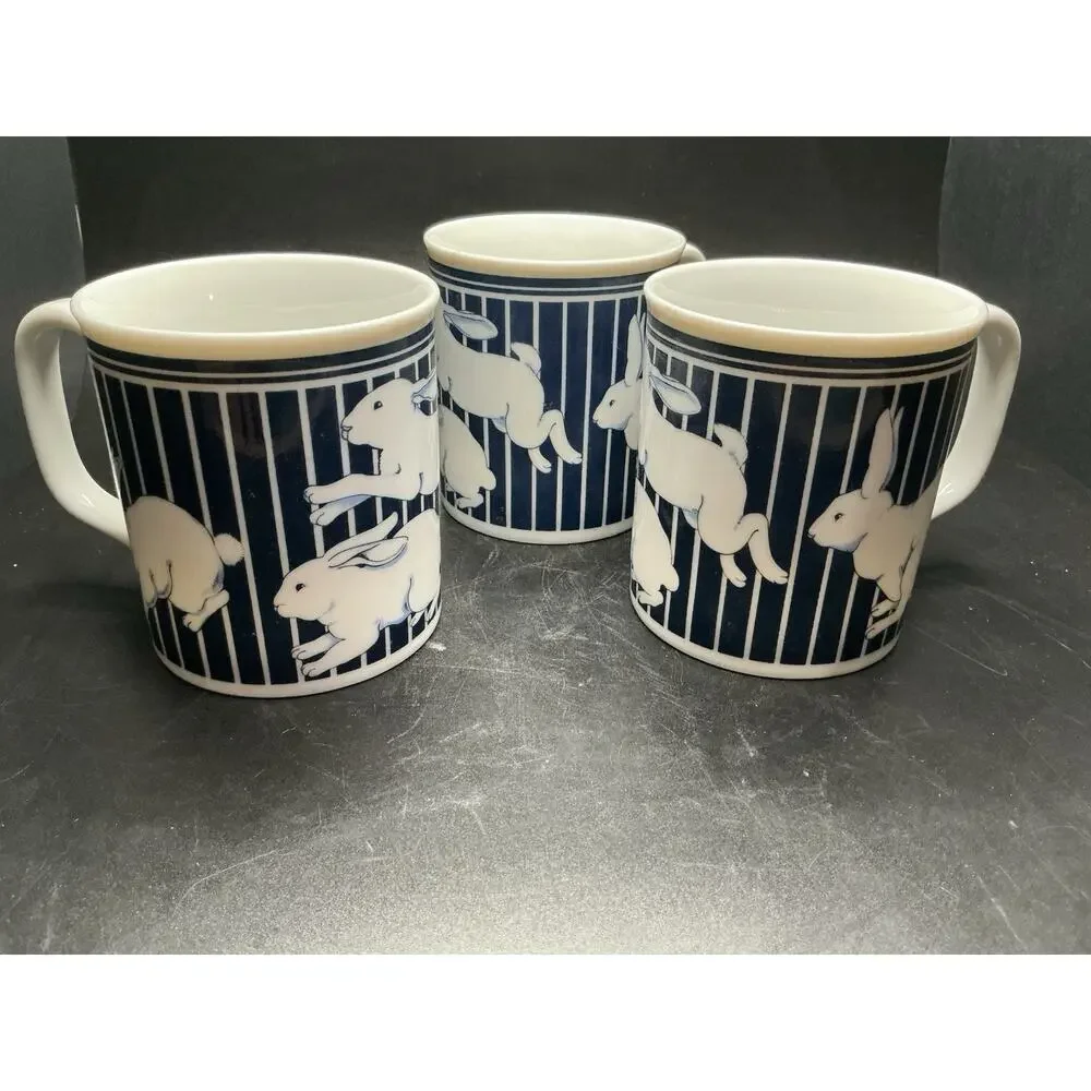 Curzon Running Easter Rabbit Ceramic Coffee Mug Blue & White Stripes, Vtg.